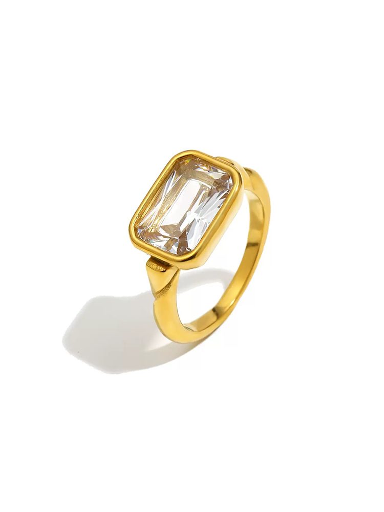 Vintage 1970s Inspired Signet Ring, 18K Gold Plated Stainless Steel Ring with Square-Cut Cubic Zirconia