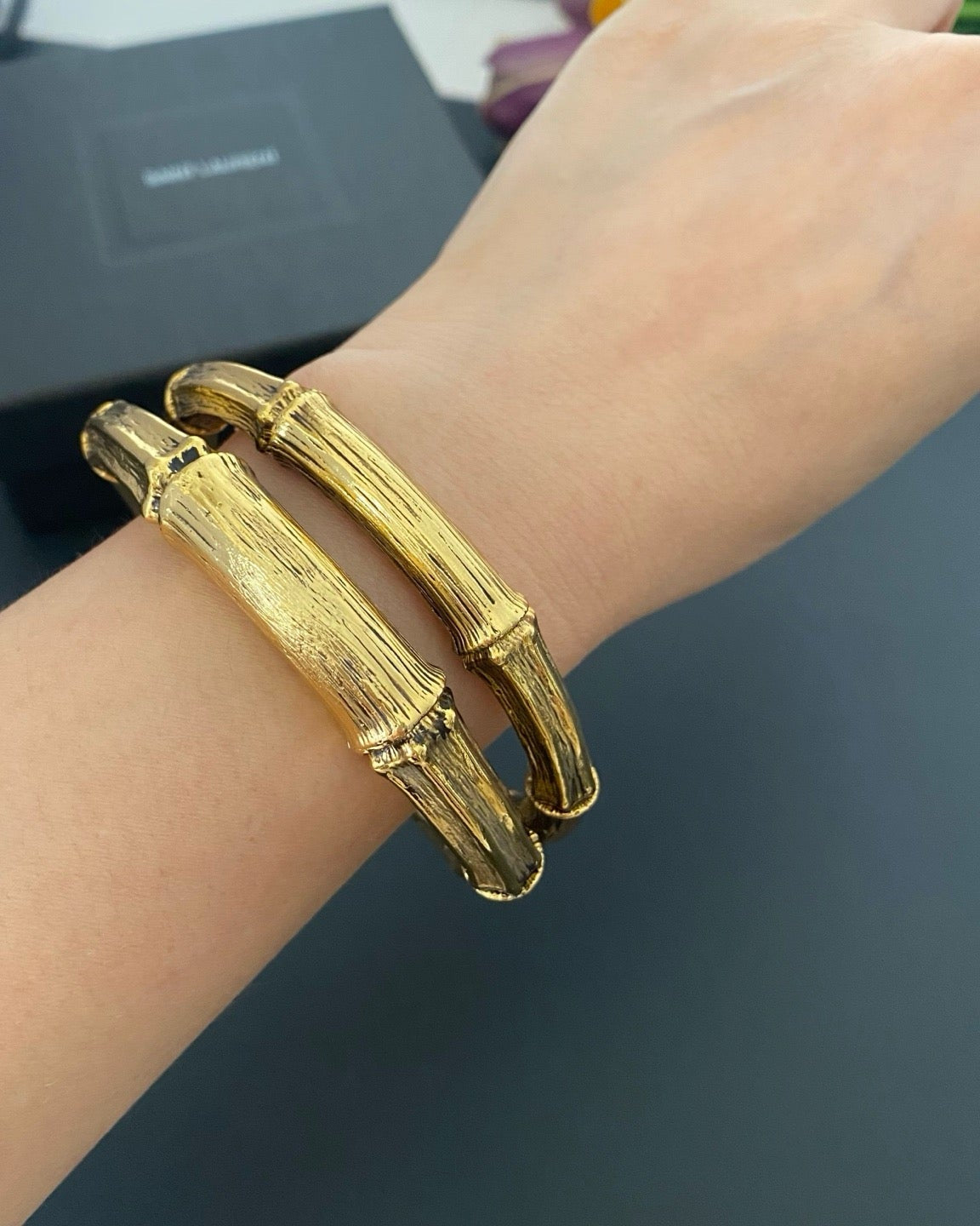 Vintage Bamboo Bracelet Gold Color Big