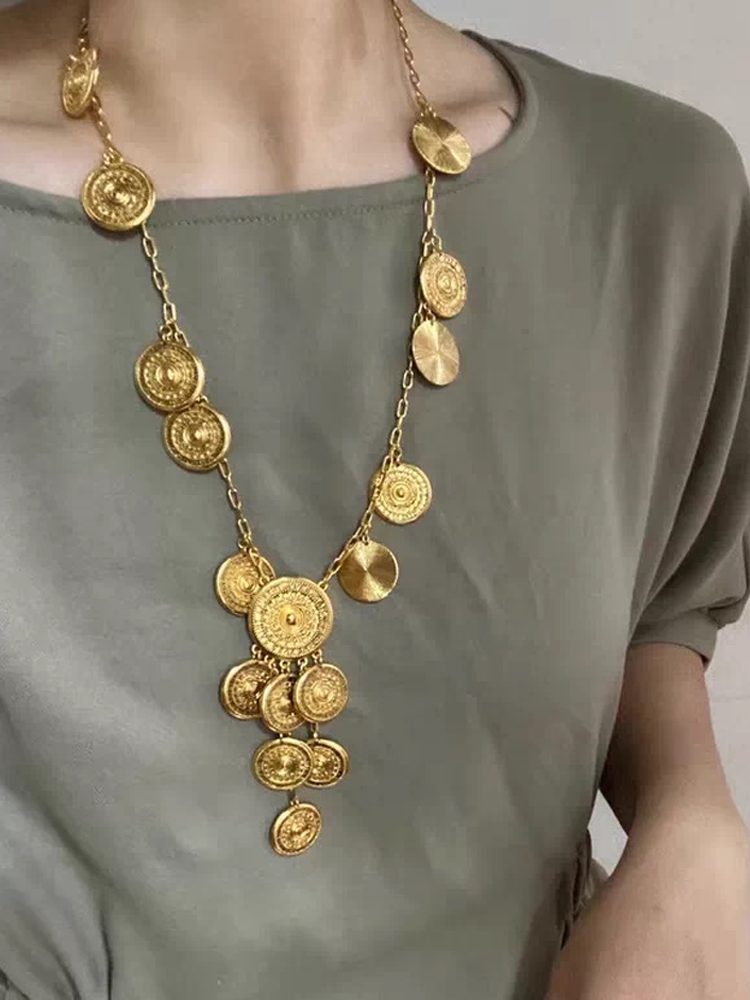 Vintage Coin Statement Clip On Earrings & French Retro Long Necklace