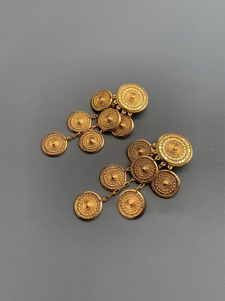 Vintage Coin Statement Clip On Earrings & French Retro Long Necklace