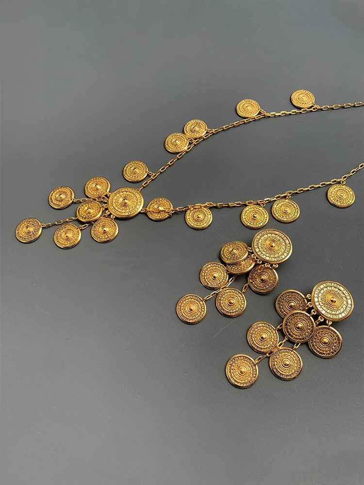Vintage Coin Statement Clip On Earrings & French Retro Long Necklace