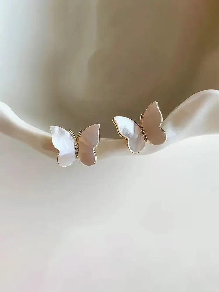 White Shell Butterfly Earrings Lobe Piercing Women | 18K ... - view 2