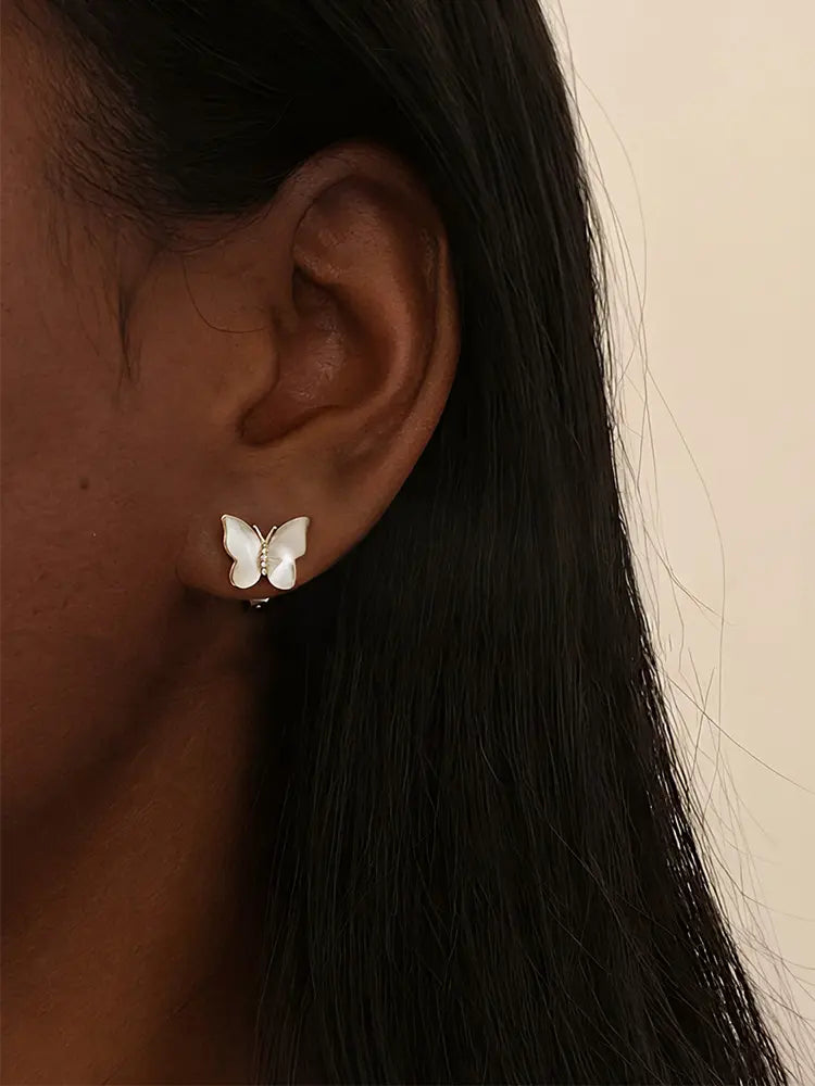 White Shell Butterfly Earrings Lobe Piercing Women | 18K ...