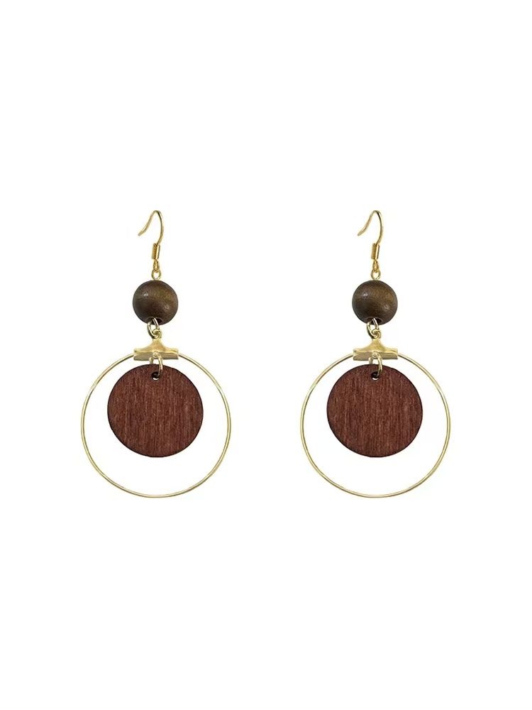 Wooden round oriental charm earrings - view 2