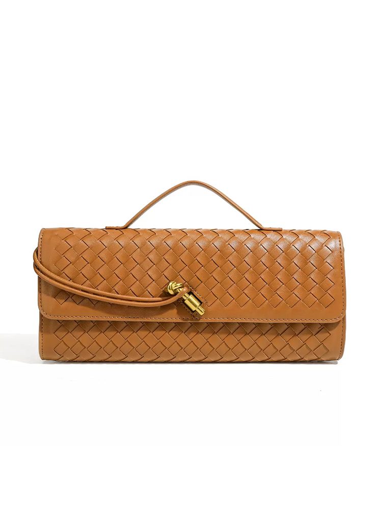 Woven Top-Handle Chain Evening Bag Brown