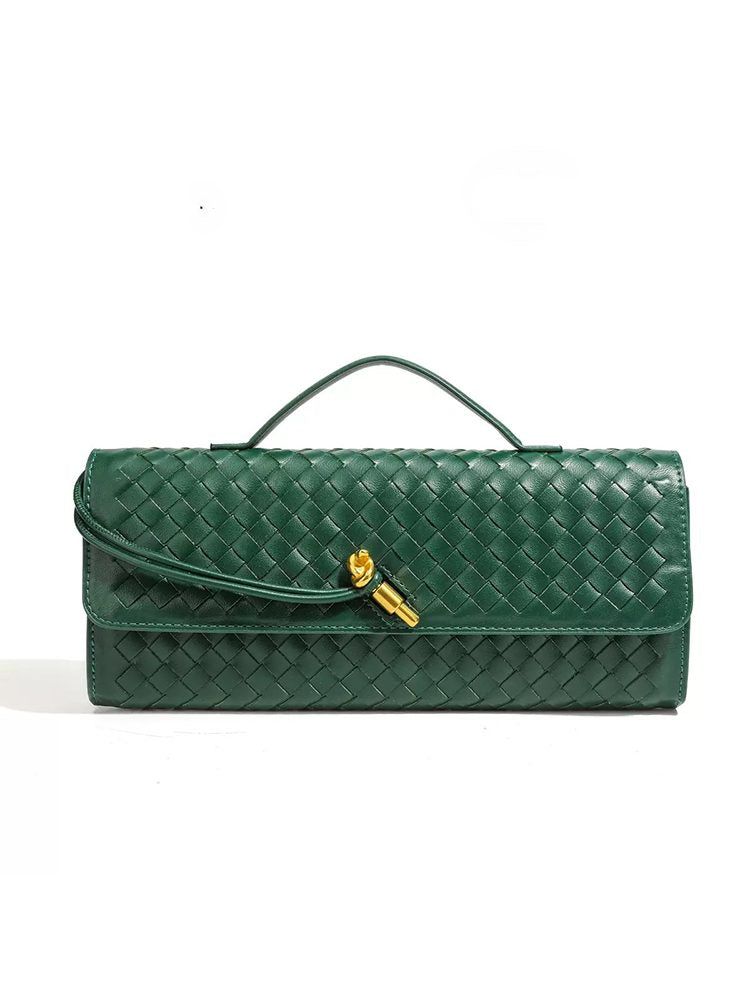 Woven Top-Handle Chain Evening Bag Brown Green