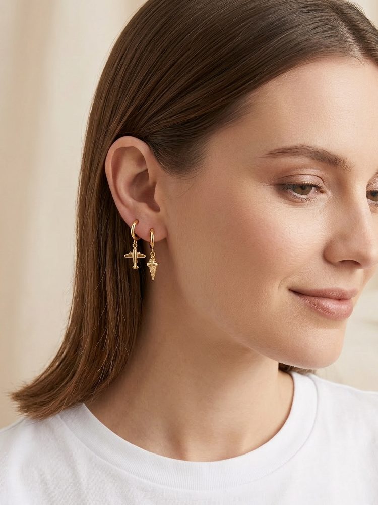 18K Gold-Plated – Airplane & Ice Cream Design, Comfortable Non-Pierced Spiral Ear Clips Screw Back Clip-On Earrings
