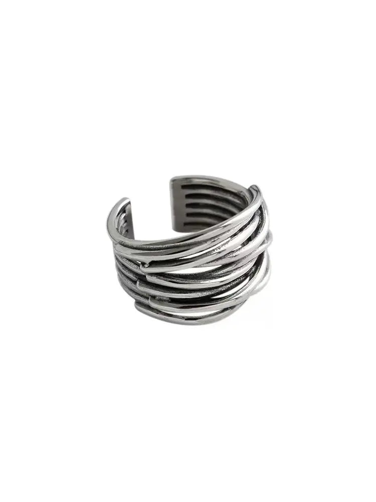 Cross-wrapped vintage multi-layer ring distressed with braided line openings