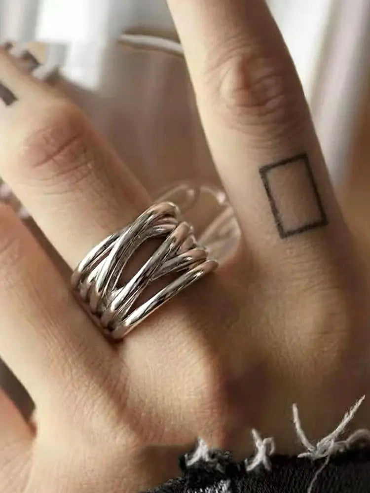 Cross-wrapped vintage multi-layer ring distressed with braided line openings