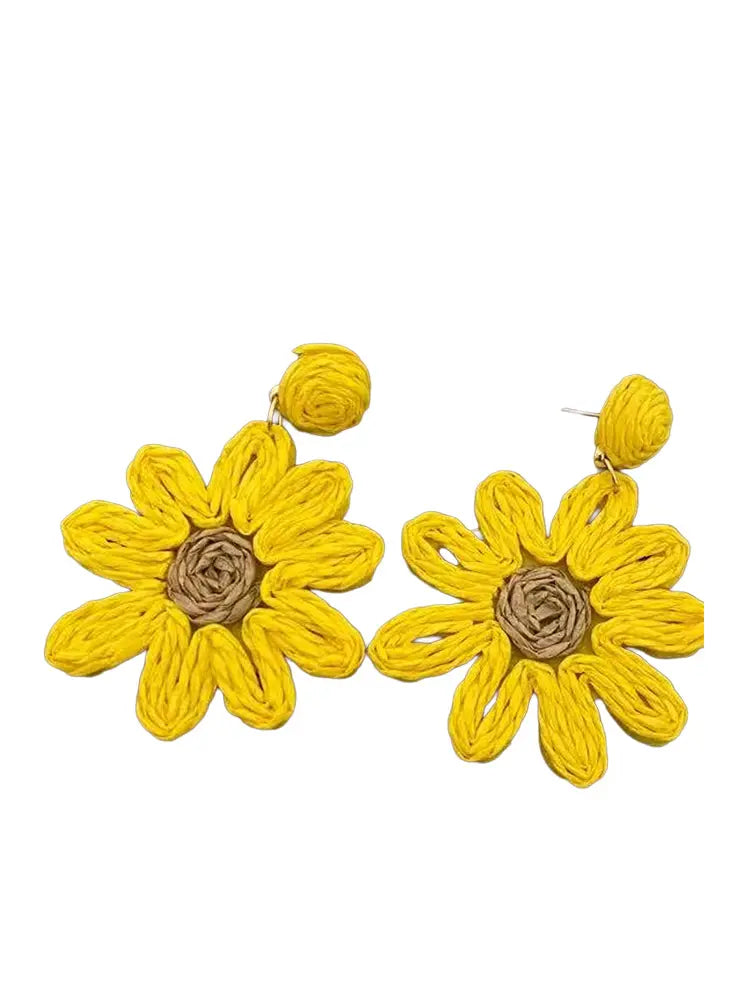Grandes boucles d'oreilles tournesol tissées pour les vacances à la plage, puces à clip