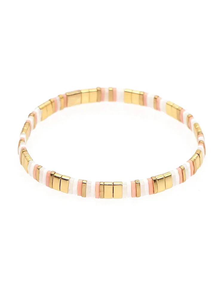Artisanal Multi-stack Tila Bracelet with Ethnic Boho Retro Gold light colors
