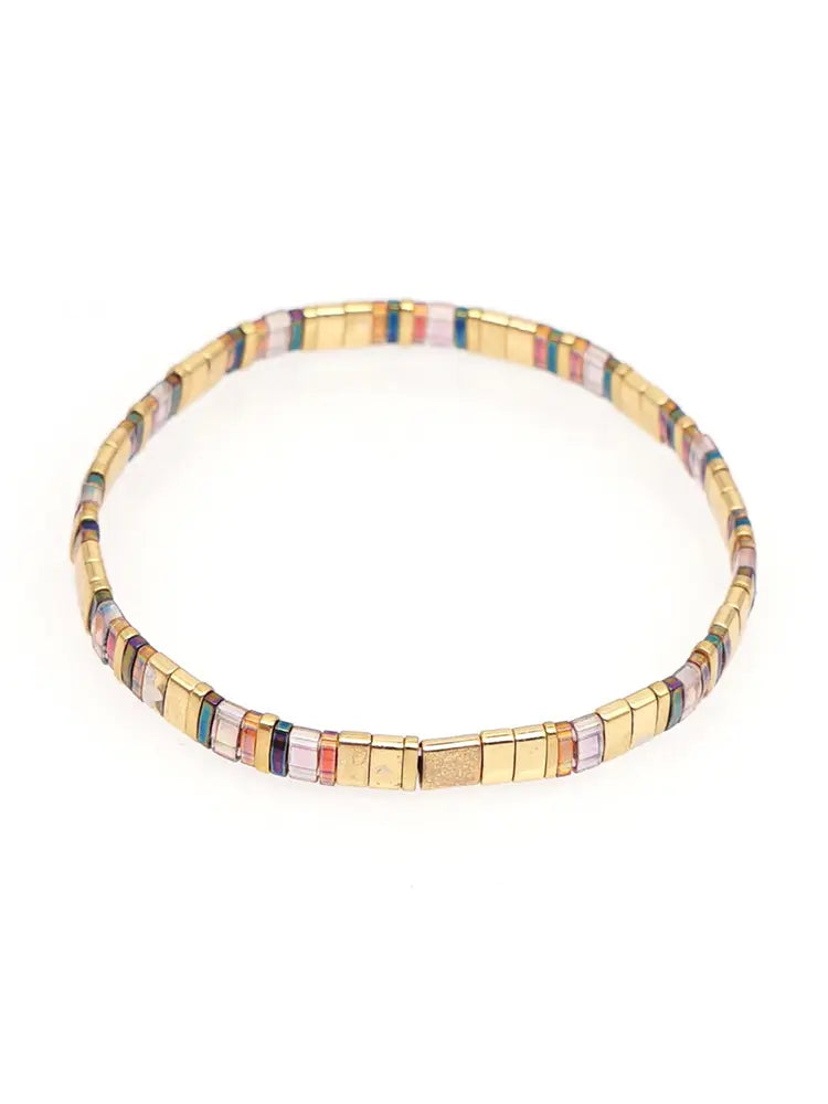 Artisanal Multi-stack Tila Bracelet with Ethnic Boho Retro Gold light colors