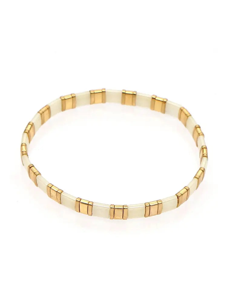 Artisanal Multi-stack Tila Bracelet with Ethnic Boho Retro Gold light colors