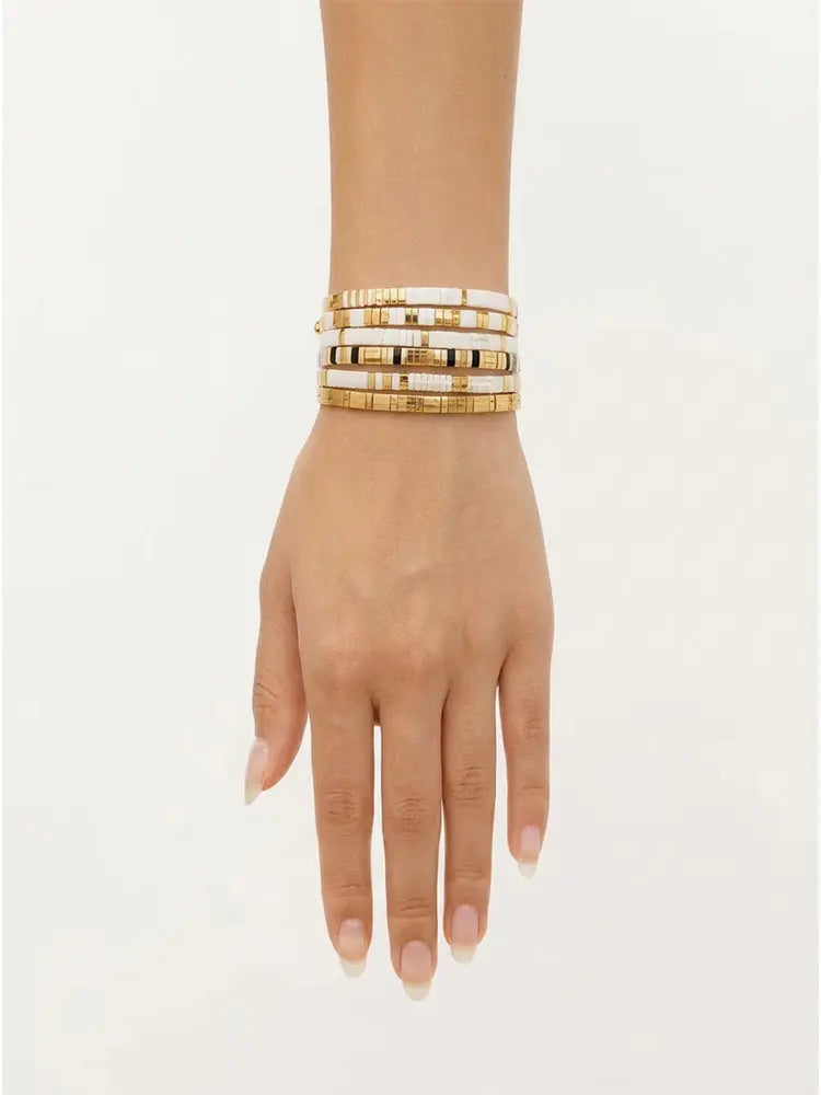 Artisanal Multi-stack Tila Bracelet with Ethnic Boho Retro Gold light colors