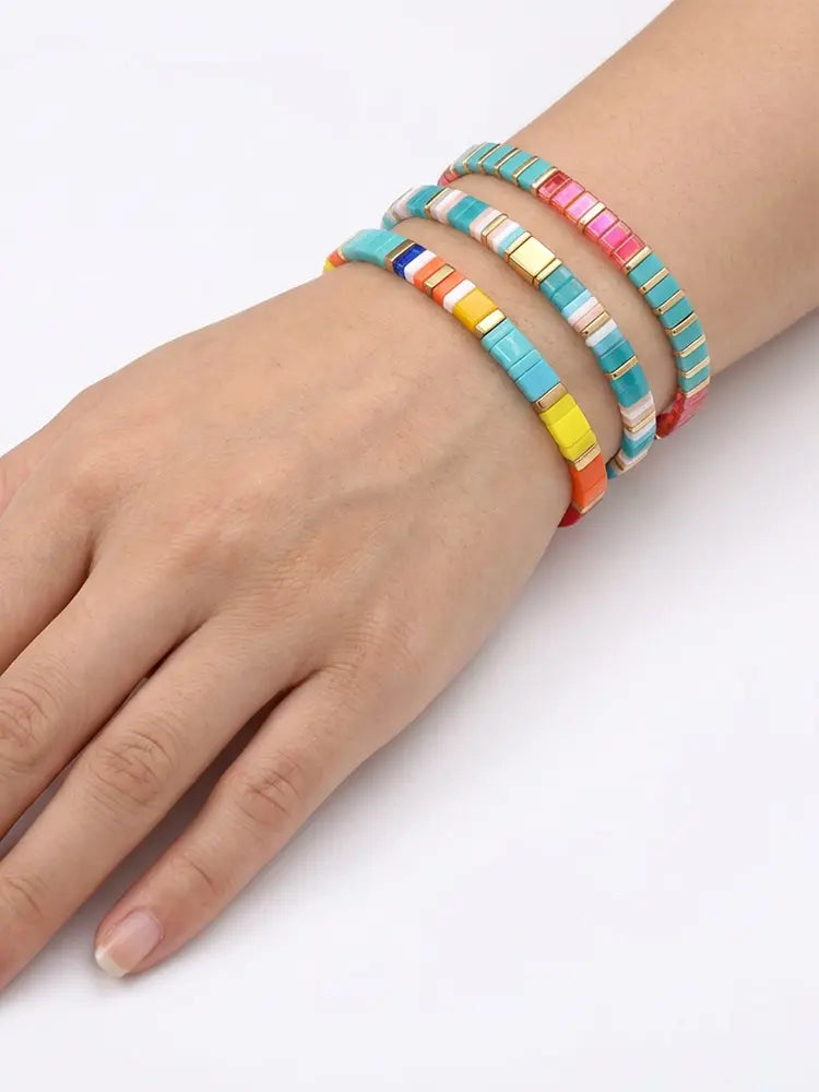 Artisanal Multicolor Mica Cube Strand Blue Pink Bracelet