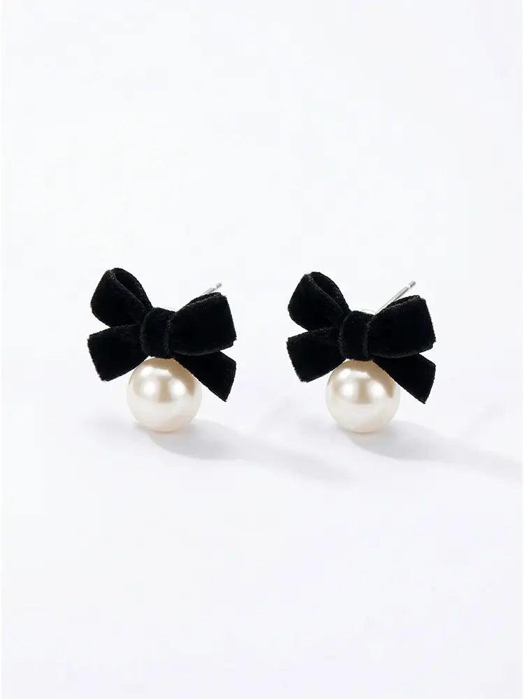 Black Bow White Pearl Stud Earrings Non - Pierced & Studs