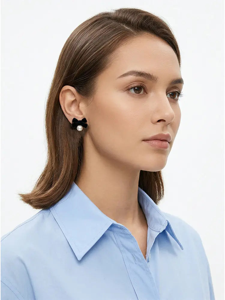 Black Bow White Pearl Stud Earrings Non - Pierced & Studs