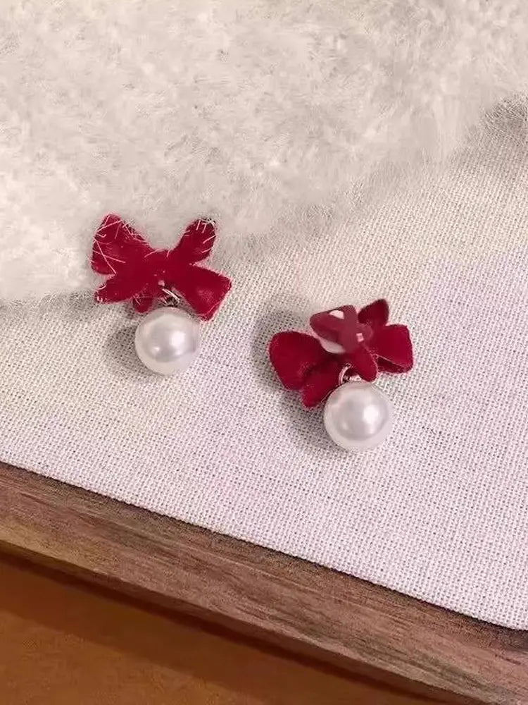 Black Bow White Pearl Stud Earrings Non - Pierced & Studs