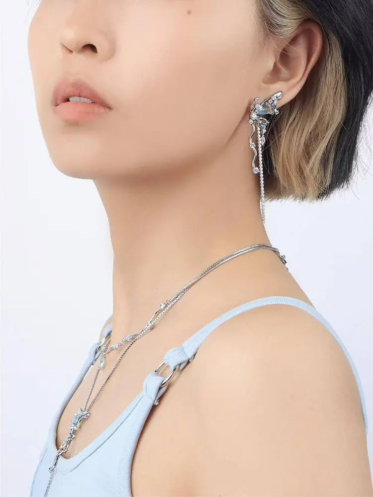 Fairy blue butterfly wing tassel earrings Studs Non - Pierces