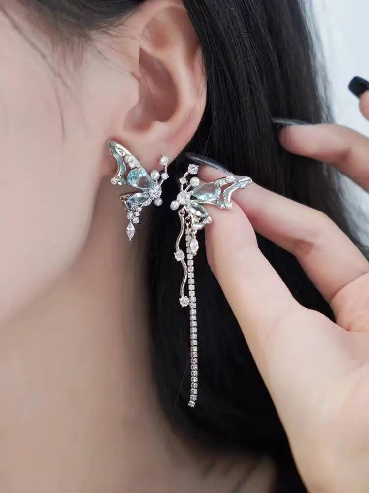 Fairy blue butterfly wing tassel earrings Studs Non - Pierces