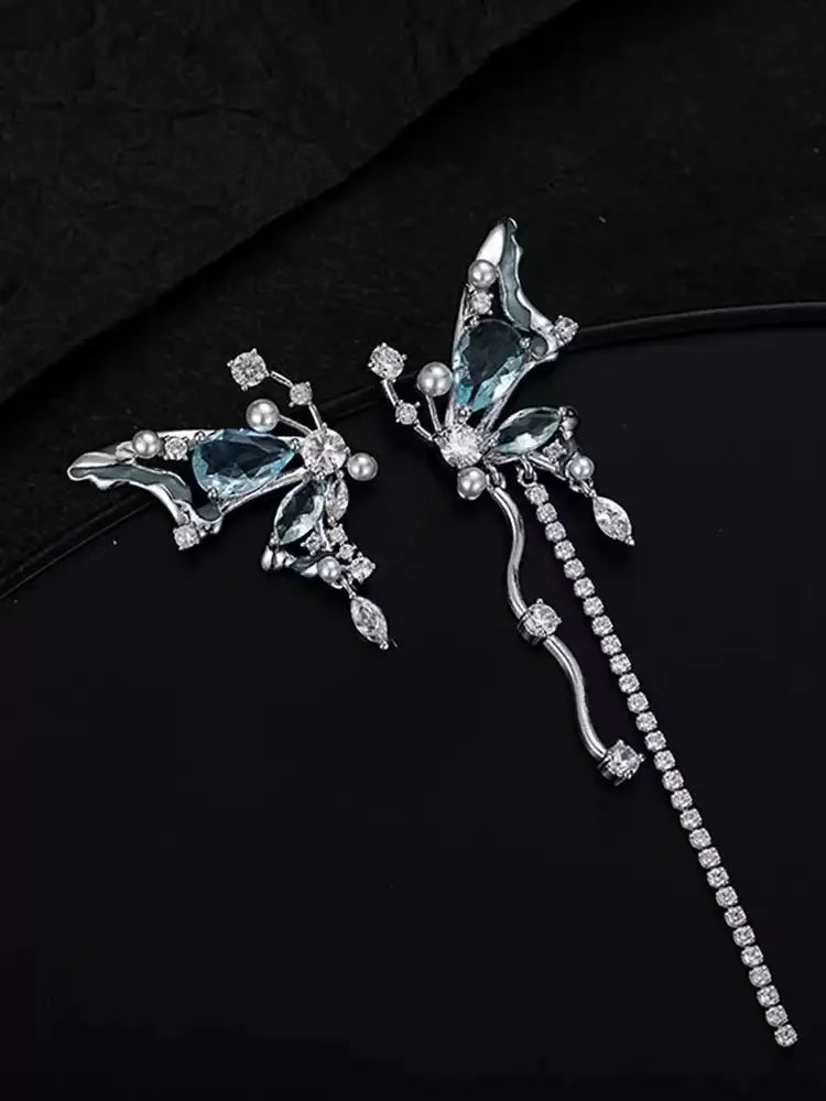 Fairy blue butterfly wing tassel earrings Studs Non - Pierces