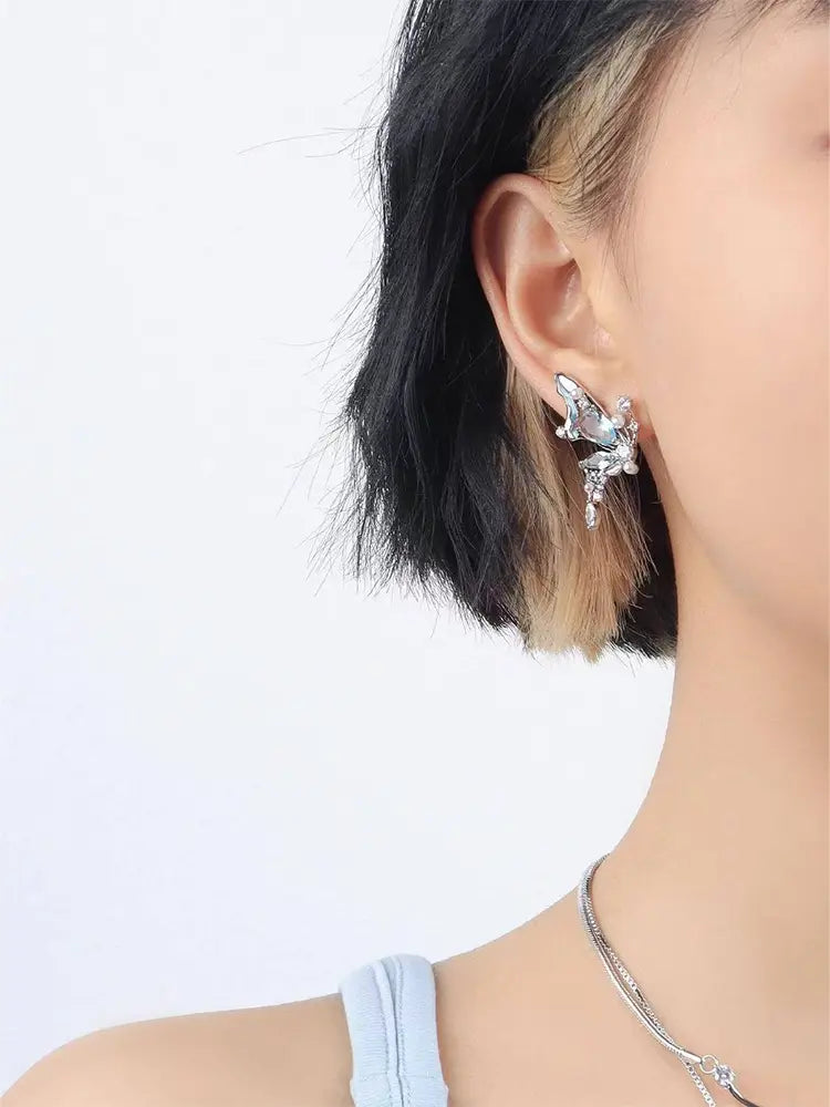 Fairy blue butterfly wing tassel earrings Studs Non - Pierces