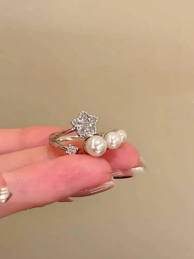 Delicate and intricate silver spring elegant female pearl small flower open rings set