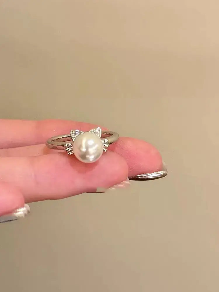 Delicate and intricate silver spring elegant female pearl small flower open rings set