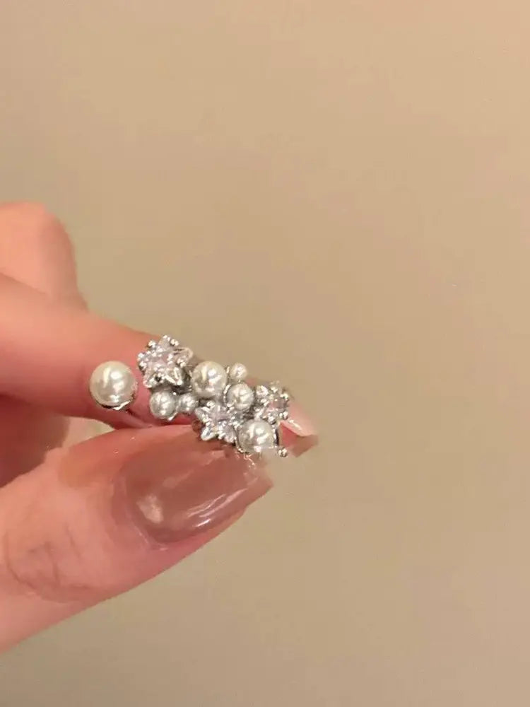 Delicate silver spring elegant female pearl small flower open rings set