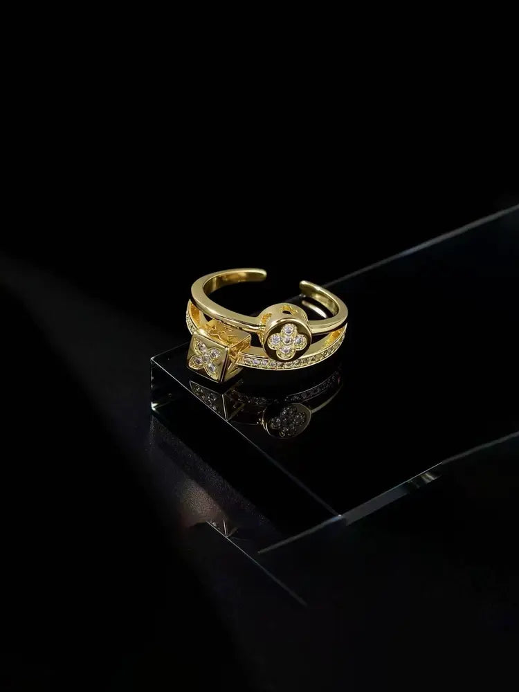 Vintage small flower and small square elite luxury open ring