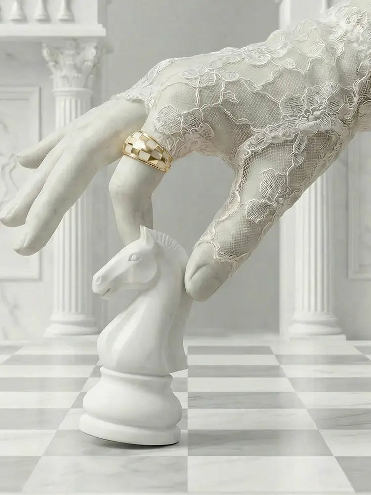 Shakespeare White Checkered Pattern Ring Enamel Geometric Adjustable Opening