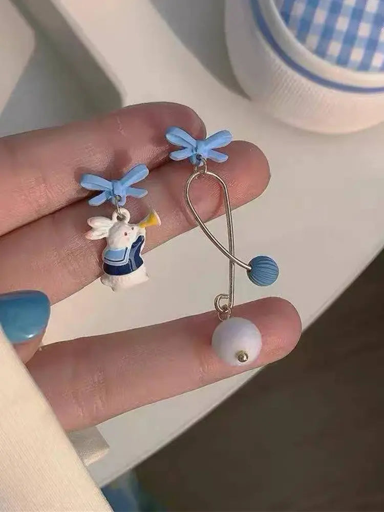 Blue Bunny Earrings Studs & Clip-On (No Piercing Required) Girl | 18K Gold Pl... | Fairies Whisper Paris Designer Jewelry - Detail View 1