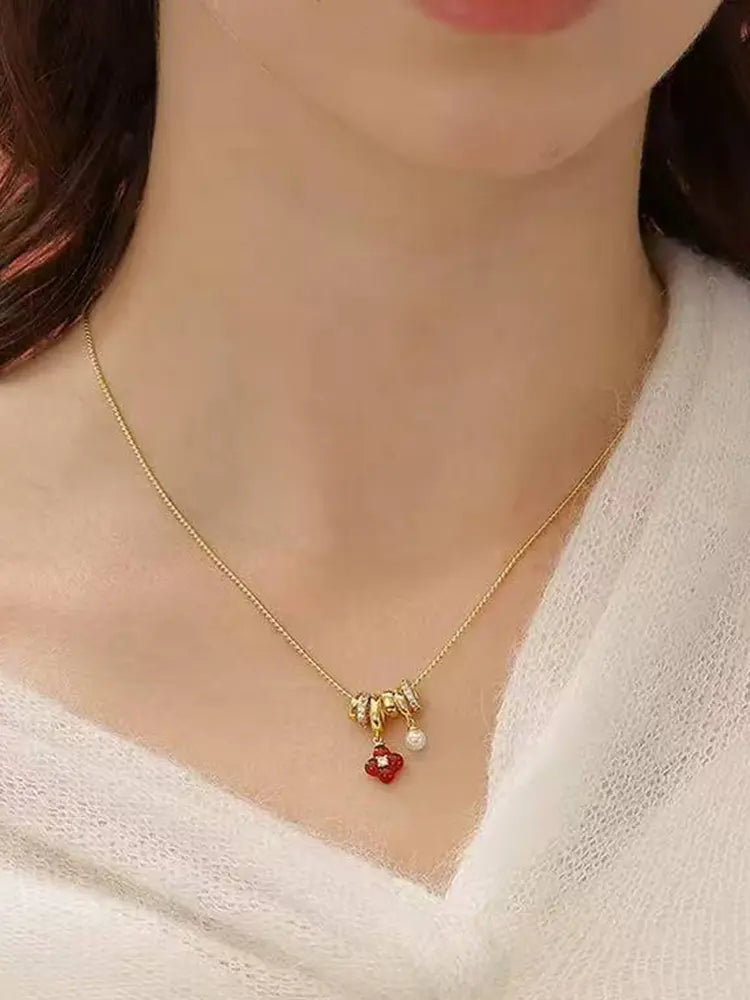 316L Clover flower earrings red 18k gold plated Wo - view 5