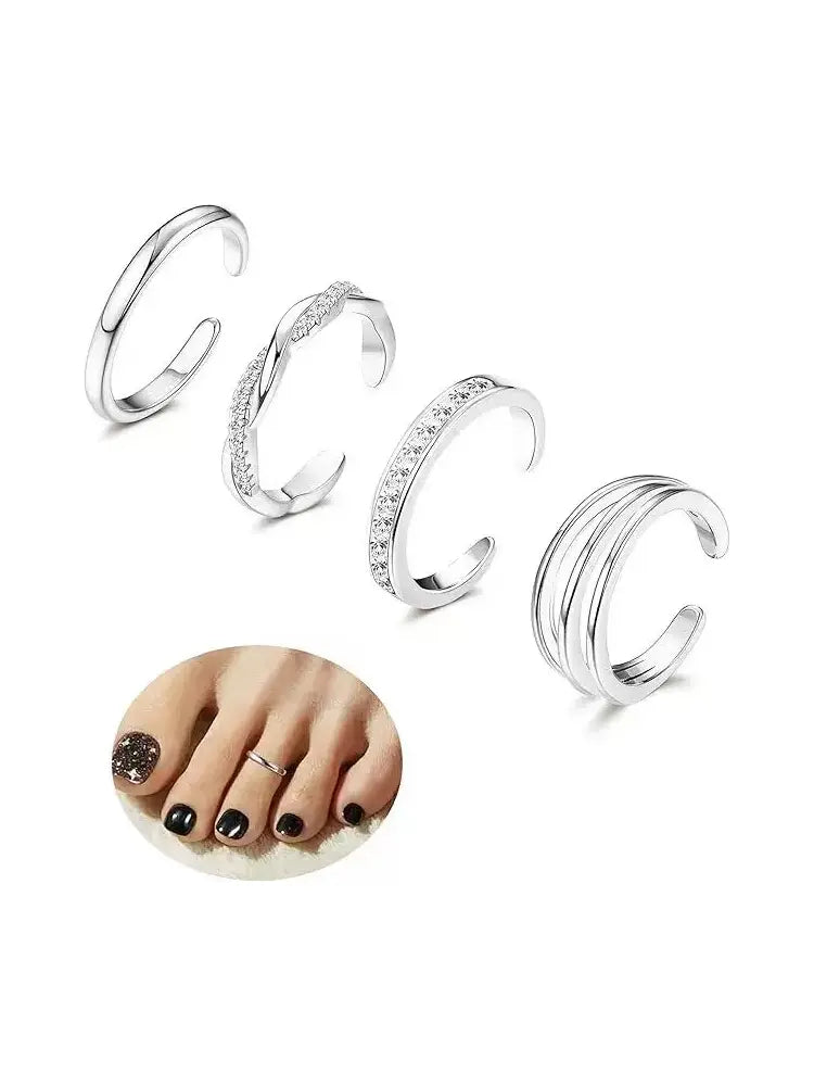Minimalist Adjustable Toe Ring Set Summer Beach Foot Jewelry for Women CZ 4-Piece