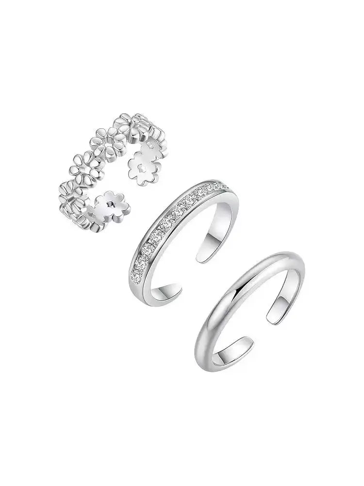 Stainless Steel Toe Ring Adjustable Simple Beach Band for Women CZ 3-Piece