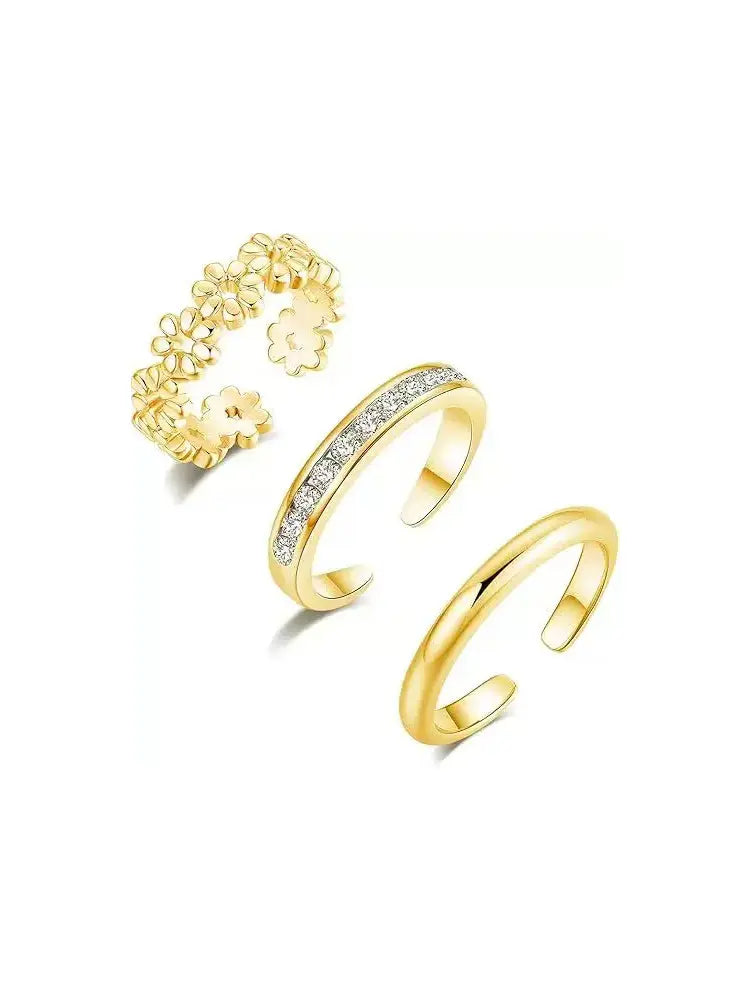 Stainless Steel Toe Ring Adjustable Simple Beach Band for Women CZ 3-Piece