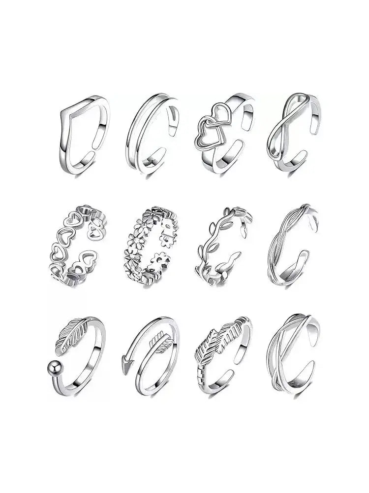 Chic Curved Toe rings 12-Piece CZ