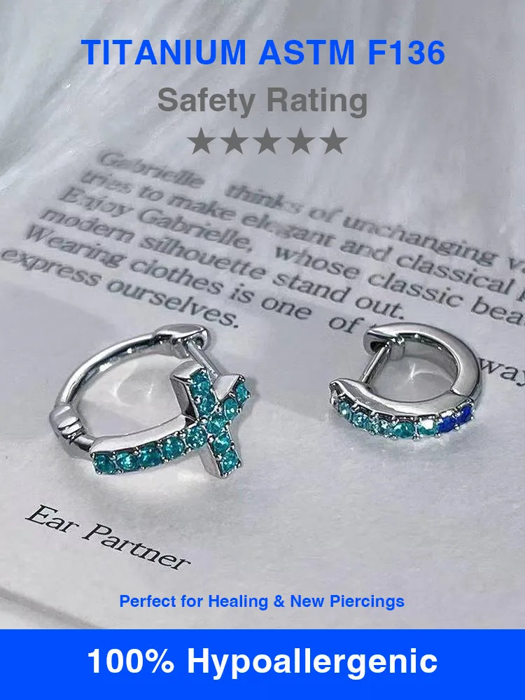 Medical titanium steel stud earrings blue diamond | 18K G... - view 2