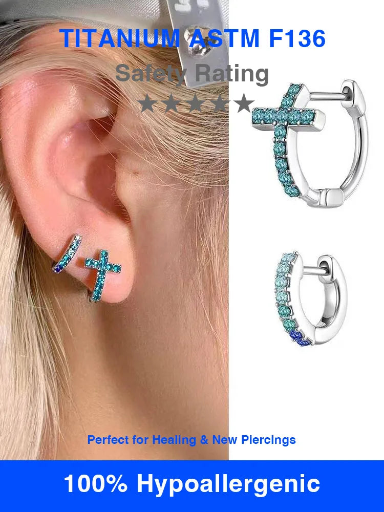 Medical titanium steel stud earrings blue diamond | 18K G...