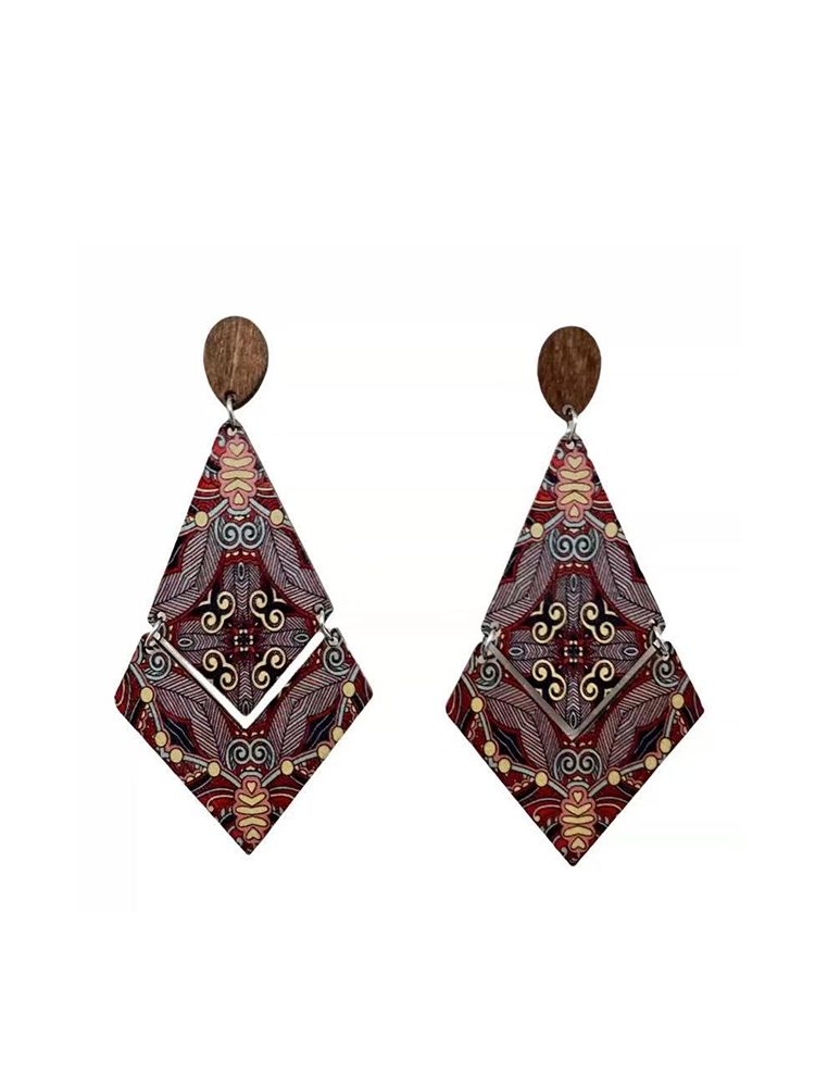 Hand-Painted Wooden Rhombus Earrings | Fairies Whisper Paris Designer Jewelry - Detail View 2