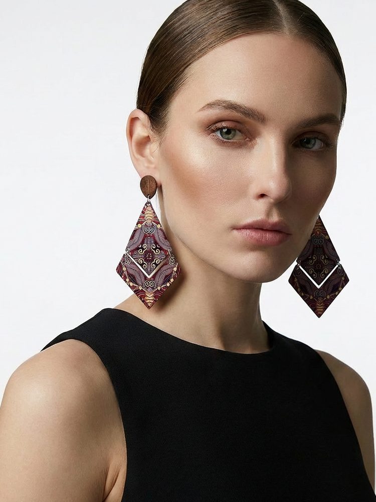 Hand-Painted Wooden Rhombus Earrings | Fairies Whisper Paris Designer Jewelry - Detail View 1