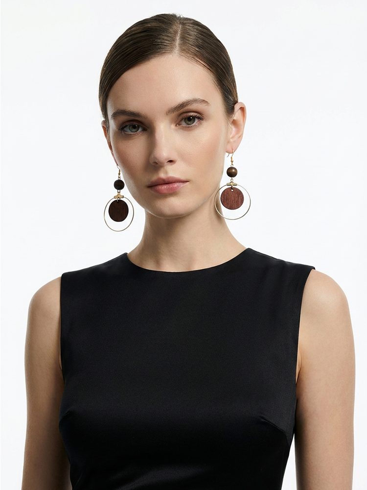 Wooden round oriental charm earrings