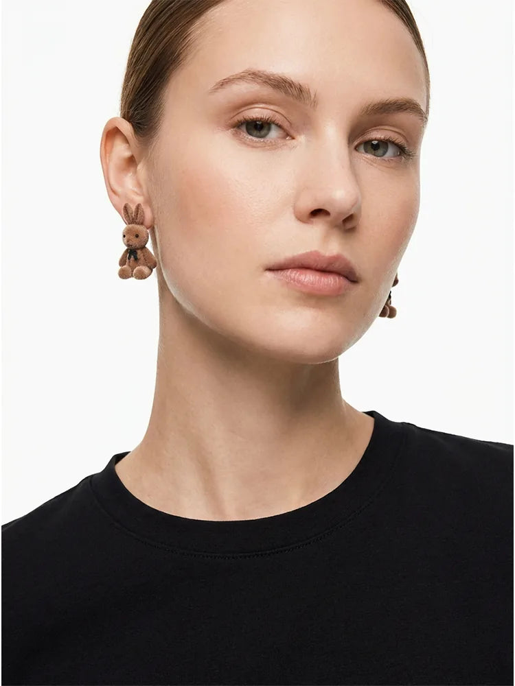 Khaki Cartoon Bunny Stud Earrings Women
