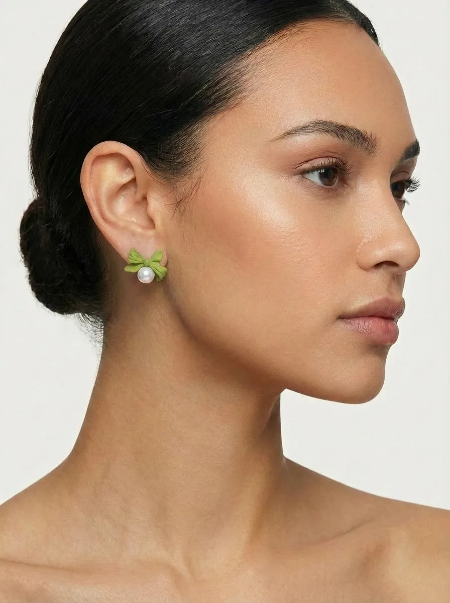 Green Bow Pearl Studs & Clip-On Earrings (No Piercing Required) Women