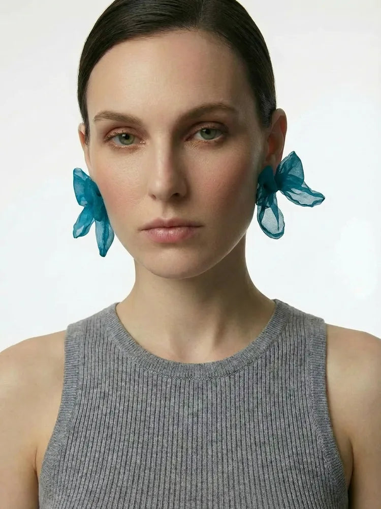 Braided Yarn With Blue Bow Earrings Women | 18K Gold Plated