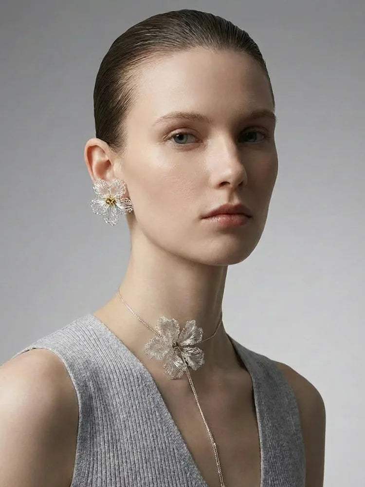 Hand-Crocheted Camellia Earrings with Crystal Acce - view 3