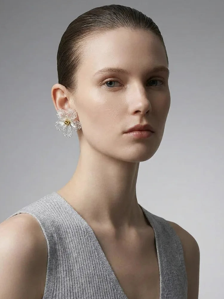 Hand-Crocheted Camellia Earrings with Crystal Acce