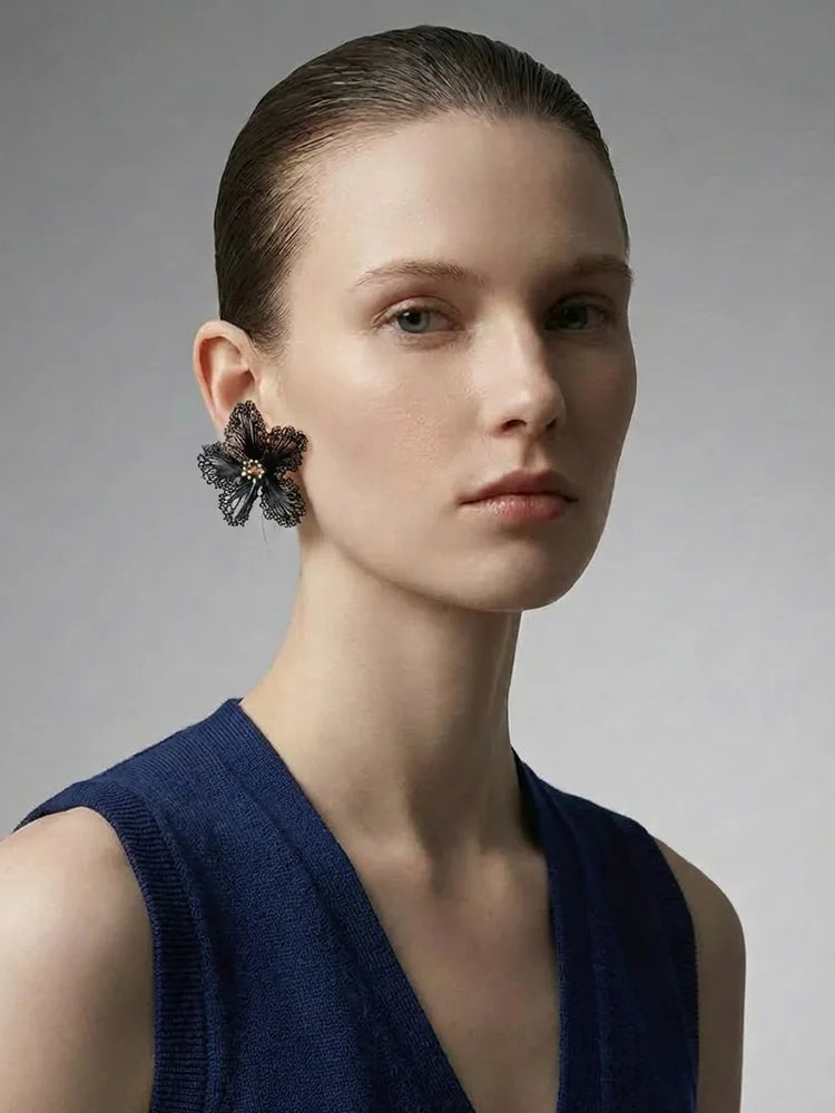 Hand-Crocheted Camellia Earrings with Crystal Acce - view 4