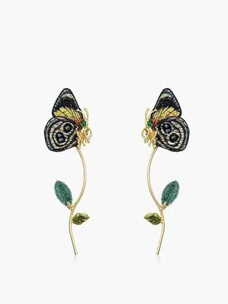 Embroidered butterfly ethnic-style drop earrings