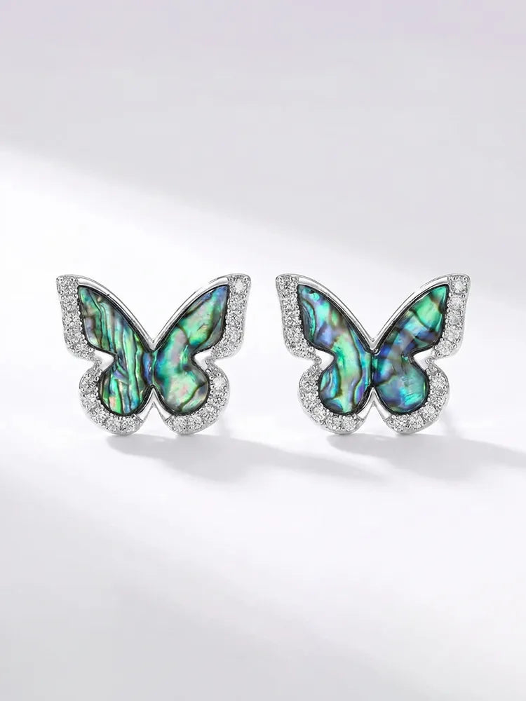 Deep blue mica-shell butterfly earrings Detail View — Waterproof & Hypoallergenic